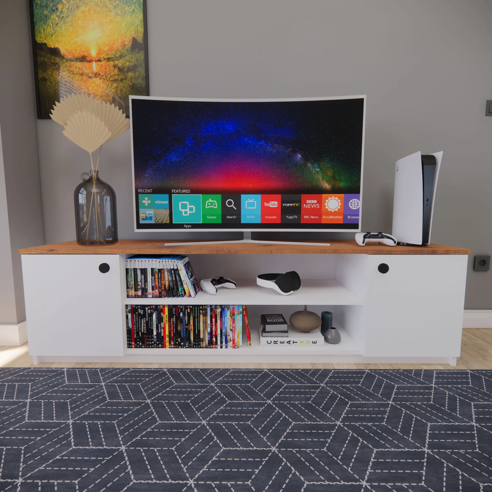 Loft TV Ünitesi Beyaz MDF Fonksiyonel Tasarım